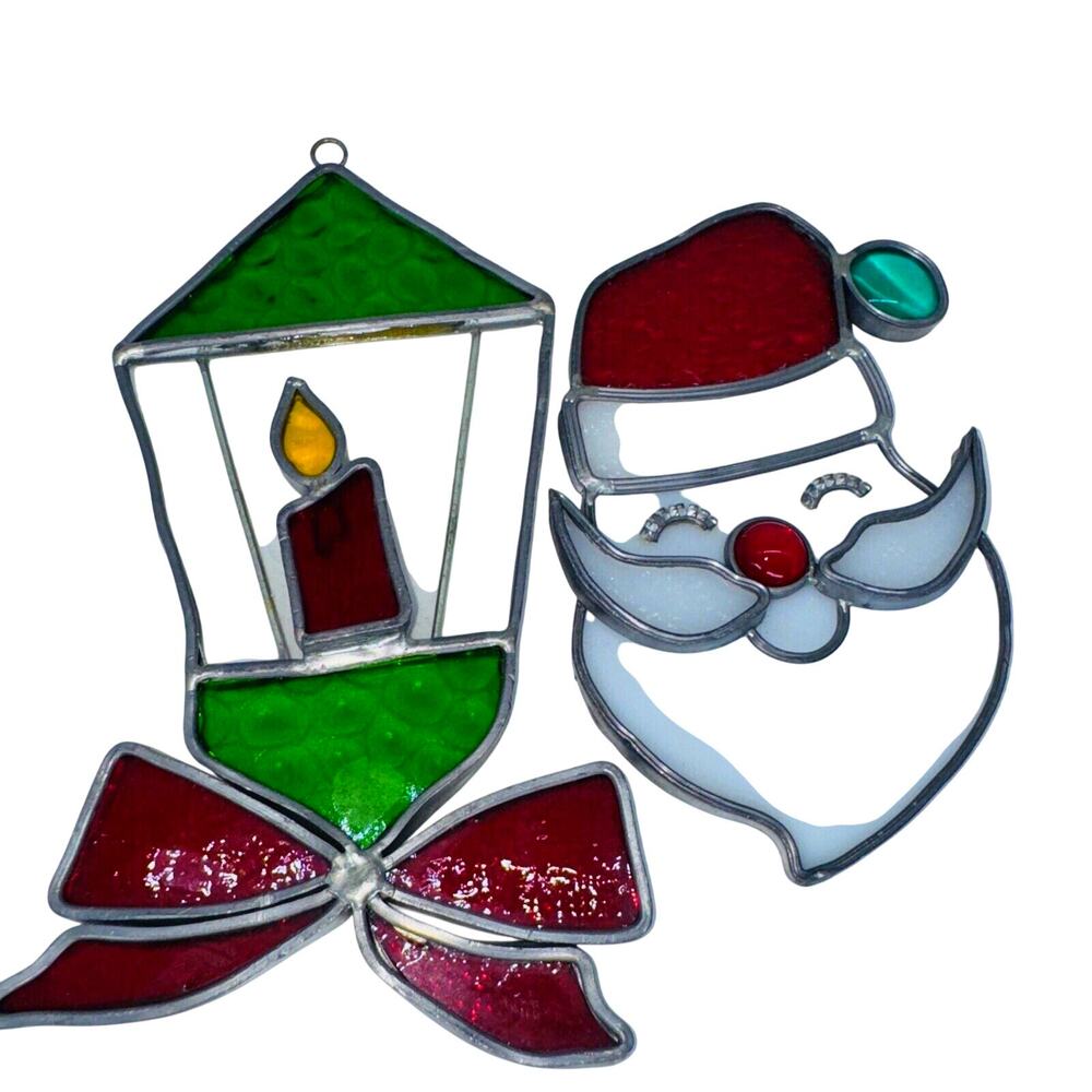 2 Vintage Handmade Stained Glass Suncatcher‎ Ornaments Santa Candle Lantern Bow
